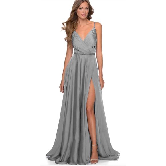 La Femme Chiffon Long Dress w/ pleated bodice w/ hidden zipper in Platinum. 
12 - Picture 10 of 11